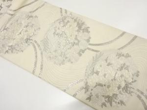 アンティーク　プラチナ箔九百緞子　流水に草花・組紐模様織り出し袋帯（材料）